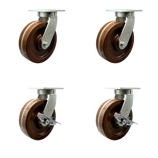 Service Caster 8'' Heavy Duty High Temp Phenolic Swivel Caster Set with 2 Brakes , 4PK CRAN-SCC-KP92S830-PHRHT-2-SLB-2 - main
